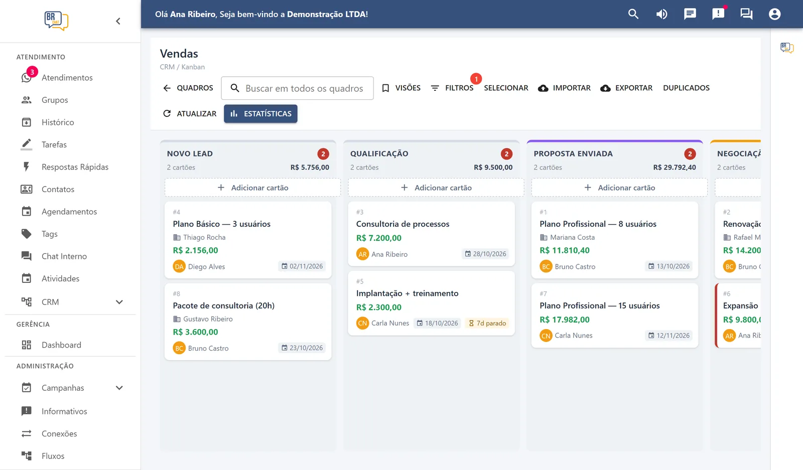 Funil de vendas em quadro kanban do CRM do BRChat